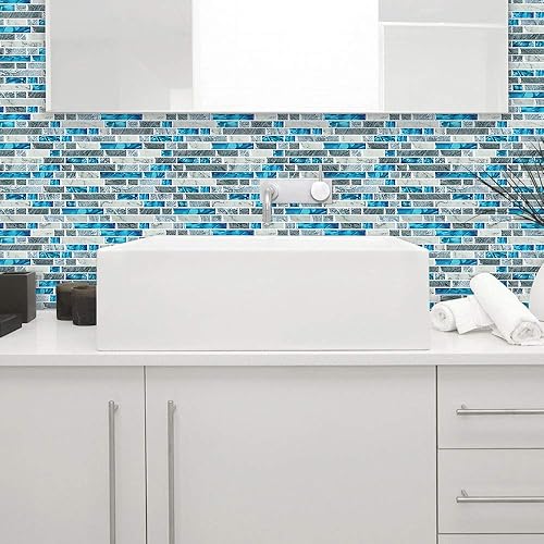 Miniatura 4 de STICKGOO - 10 hojas de azulejos para loseta en muro de cocina, color azul, autoadhesivos para cocina, en zafiro (diseño más grueso)