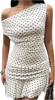 Floerns Women's Polka Dot Off Shoulder Mini Dress - Ruched Asymmetrical Ruffle Hem Short Dress