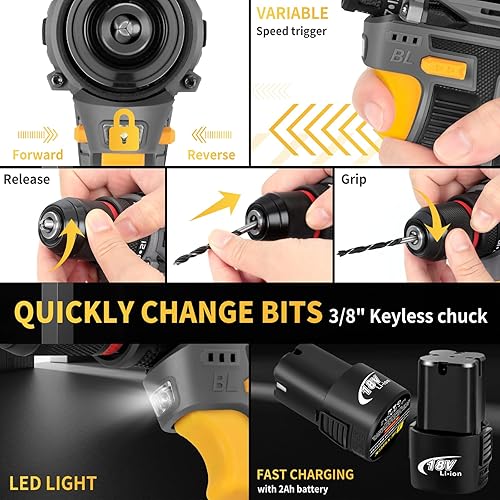 Miniatura 6 de Juego de herramientas de taladro inalámbrico, kit de taladro eléctrico compacto sin escobillas de 18 V con 2 baterías, kit de herramientas para el