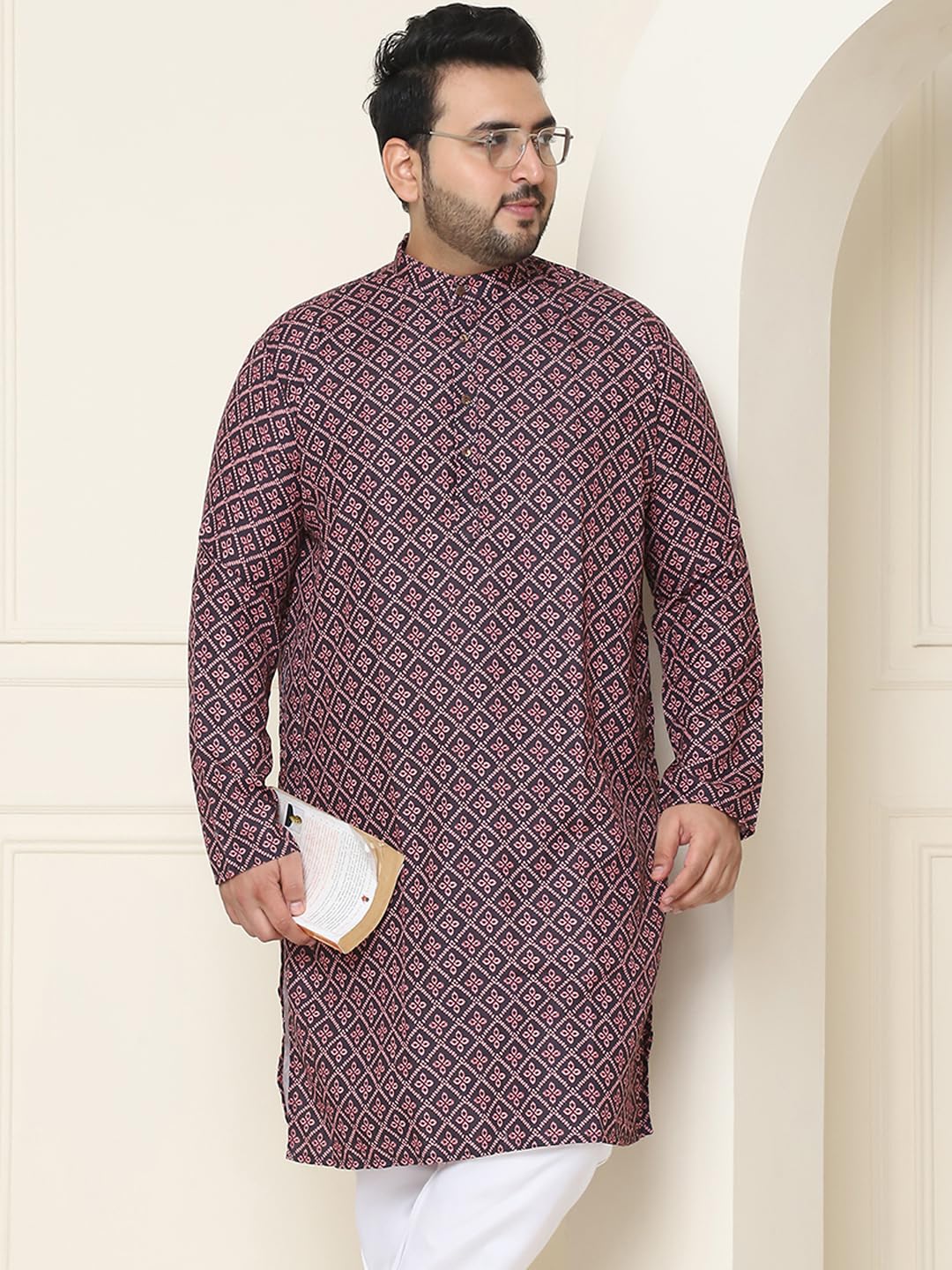 Sojanya Plus (Since 1958) Men's Cotton Black And Peach Printed Only Long Kurta