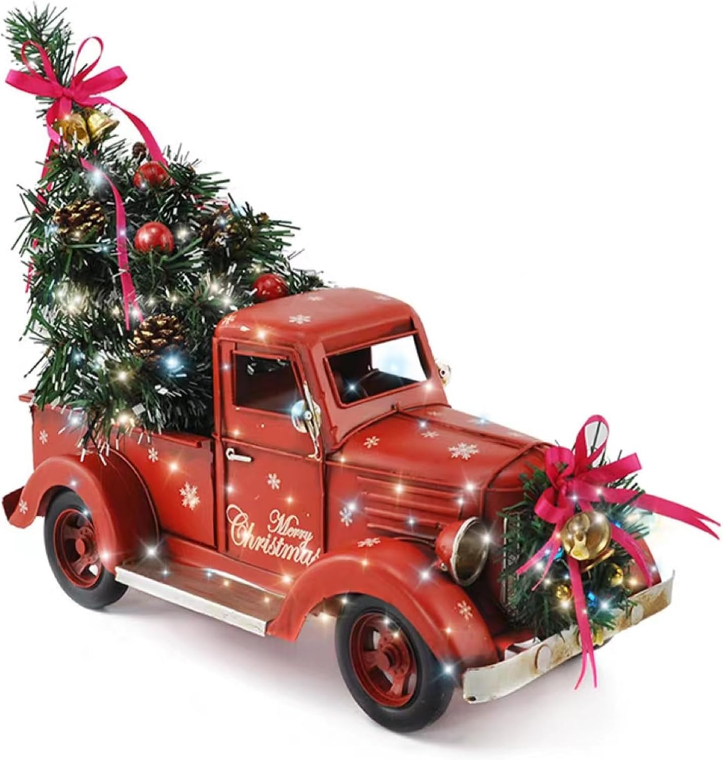 Large Christmas Red Truck Decoration,Vintage Farmhouse Metal Trucks Pickup Tiered Tray Decor for Tabletop Home Kitchen Centerpiece Decorations,Lighted Up Christmas Truck with Xmas Tree Decor