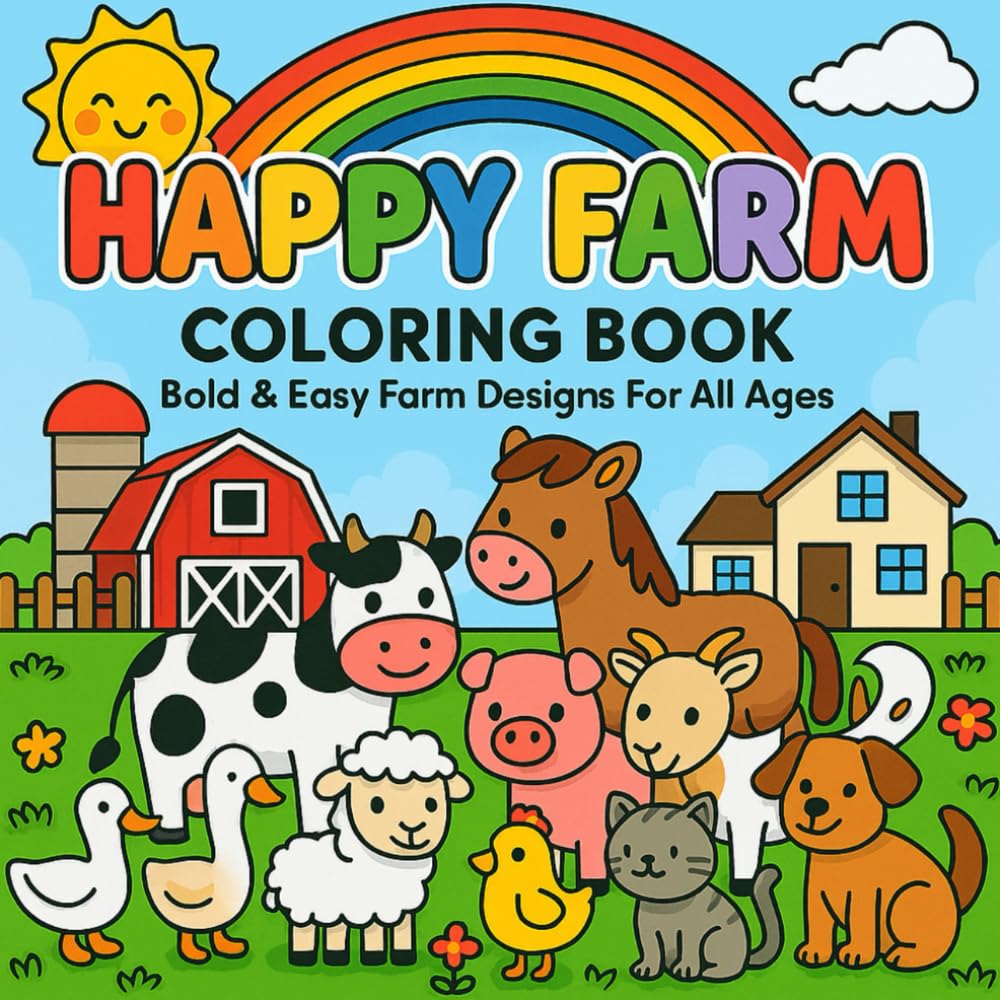 Happy Farm Coloring Book: 50 Bold & Easy Farm Animals, Tractors, Barns and Country Scenes for Kids & Adults (Nature coloring book series)