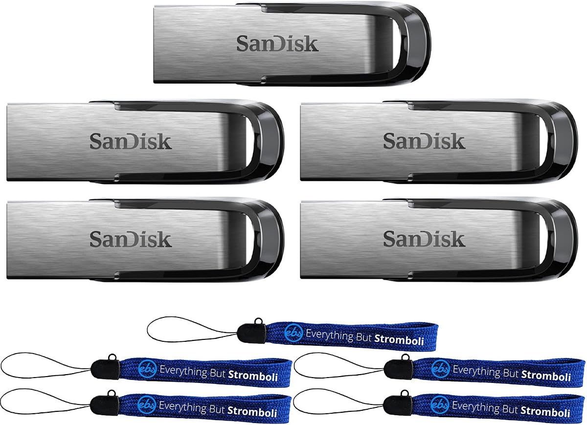 SanDisk (5 Pack) Ultra Flair USB Type A 32GB 3.0 Flash Drive | Compatible with Laptops and Personal Computers -SDCZ73-032G-G46- Bundle with (5) Everything But Stromboli Lanyards