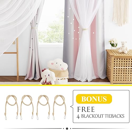 Miniatura 4 de NICETOWN Cortinas para dormitorio de niñas, cortinas de ventana huecas de estrellas de 63 pulgadas de largo, con ojales, 2 capas, 2 paneles, rosa y