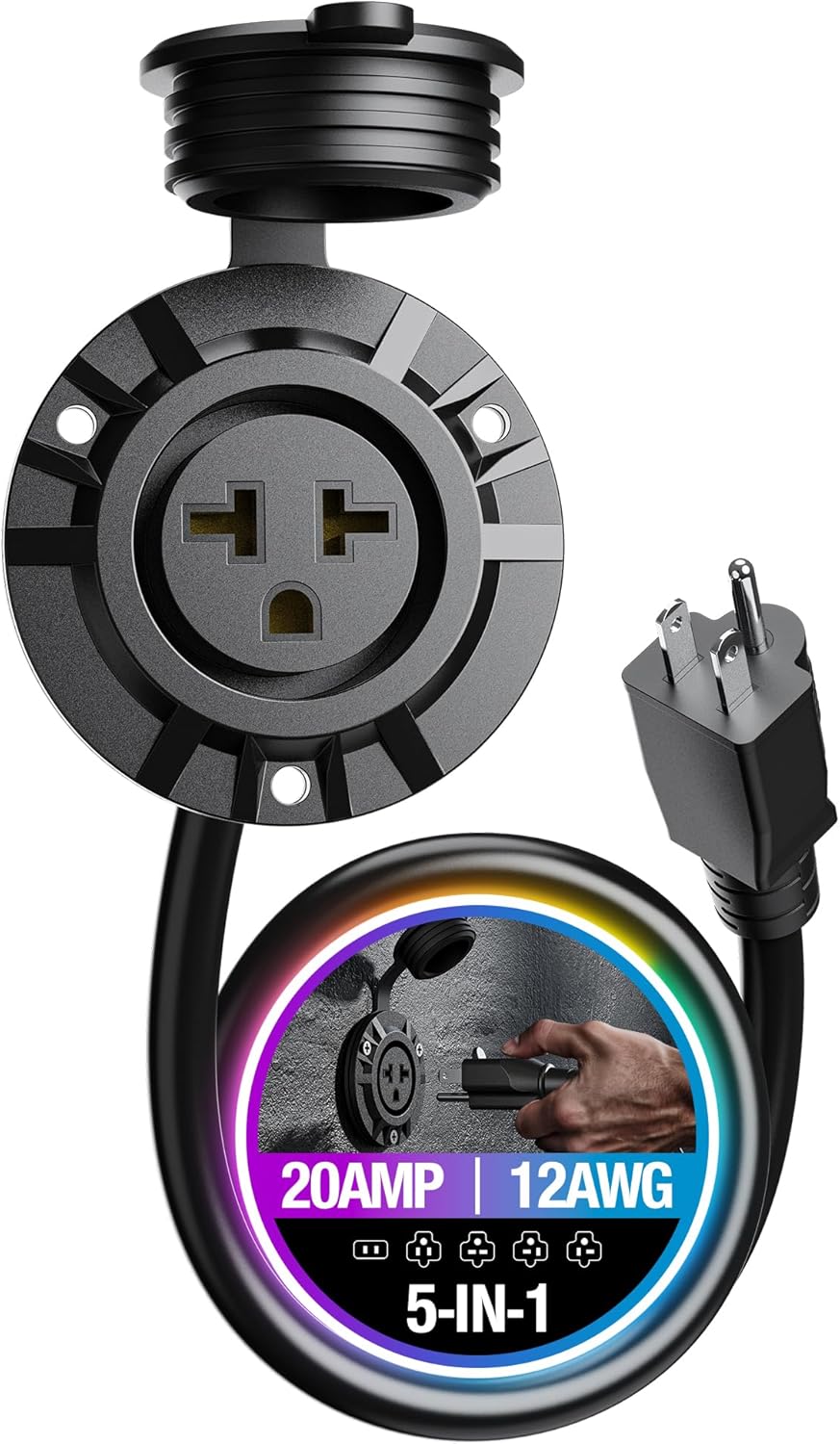 20A 125V RV Outdoor Electrical Outlet Receptacle with 5-in-1 T-Blade Adapter (1-15P/5-15P/5-20P/6-15P/6-20P), Waterproof Outdoor Power Outlet with Heavy Duty 12AWG Extension Cord 16 INCH