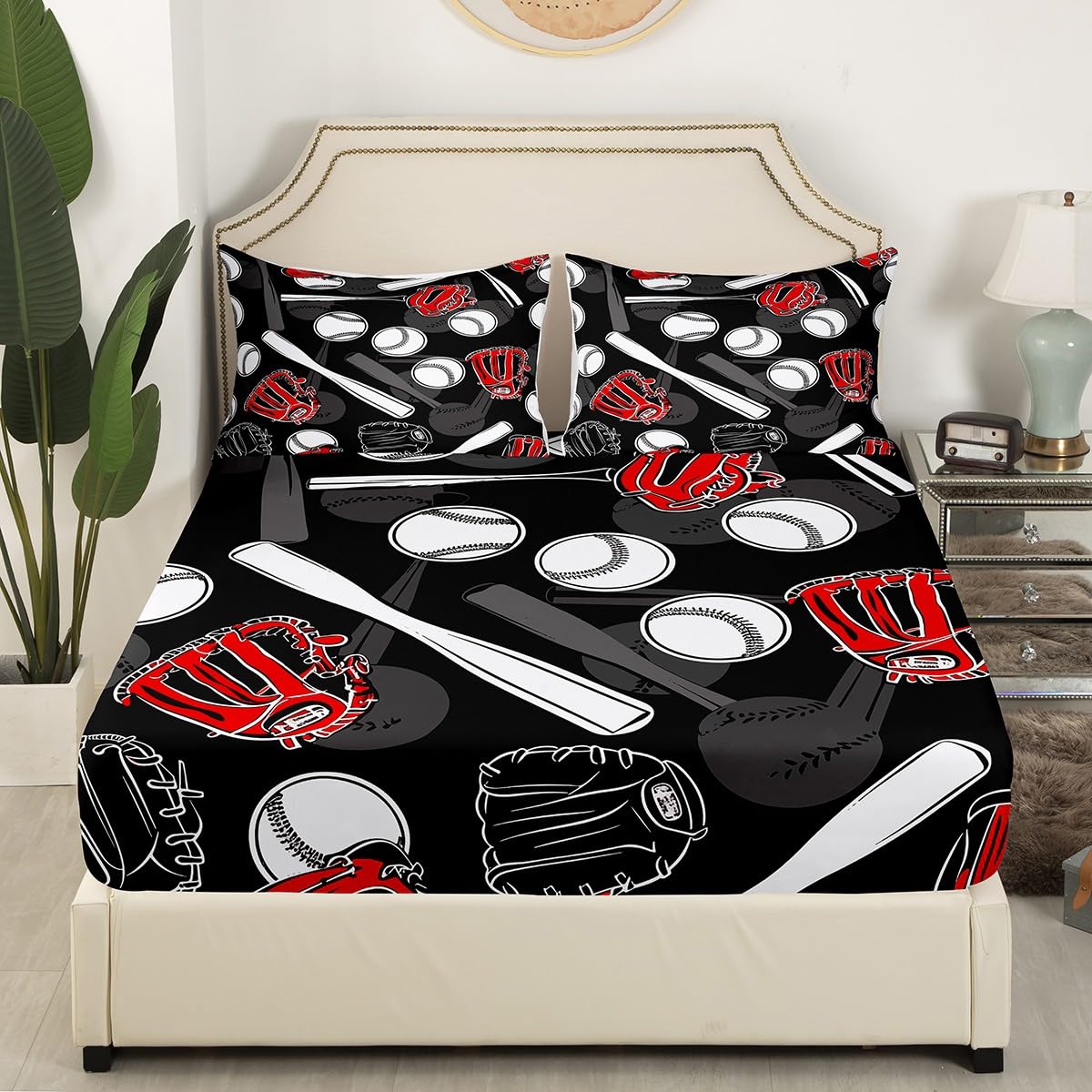 Erosebridal Baseball-Bettlaken King Size Softball Bettlaken Set Sportschläger für Kinder Jungen Teens Herren Ballspiel Spannbetttuch Rot und Schwarz Bettwäsche Set Bettlaken 4-teilig Bettlaken