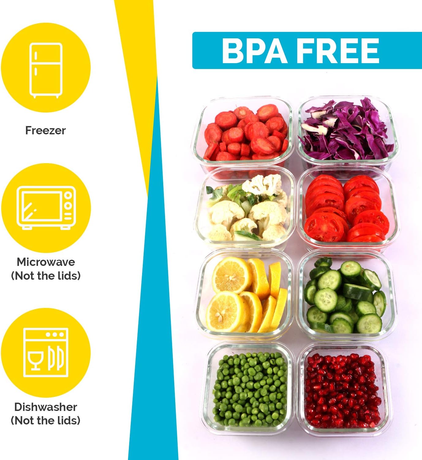 Utopia Kitchen- 16 Piece Glass Food Storage Container (8 containers, 8 transparent lids)- Stackable & Leak-proof - Easy to store food and carry on the go- From Oven to the Table