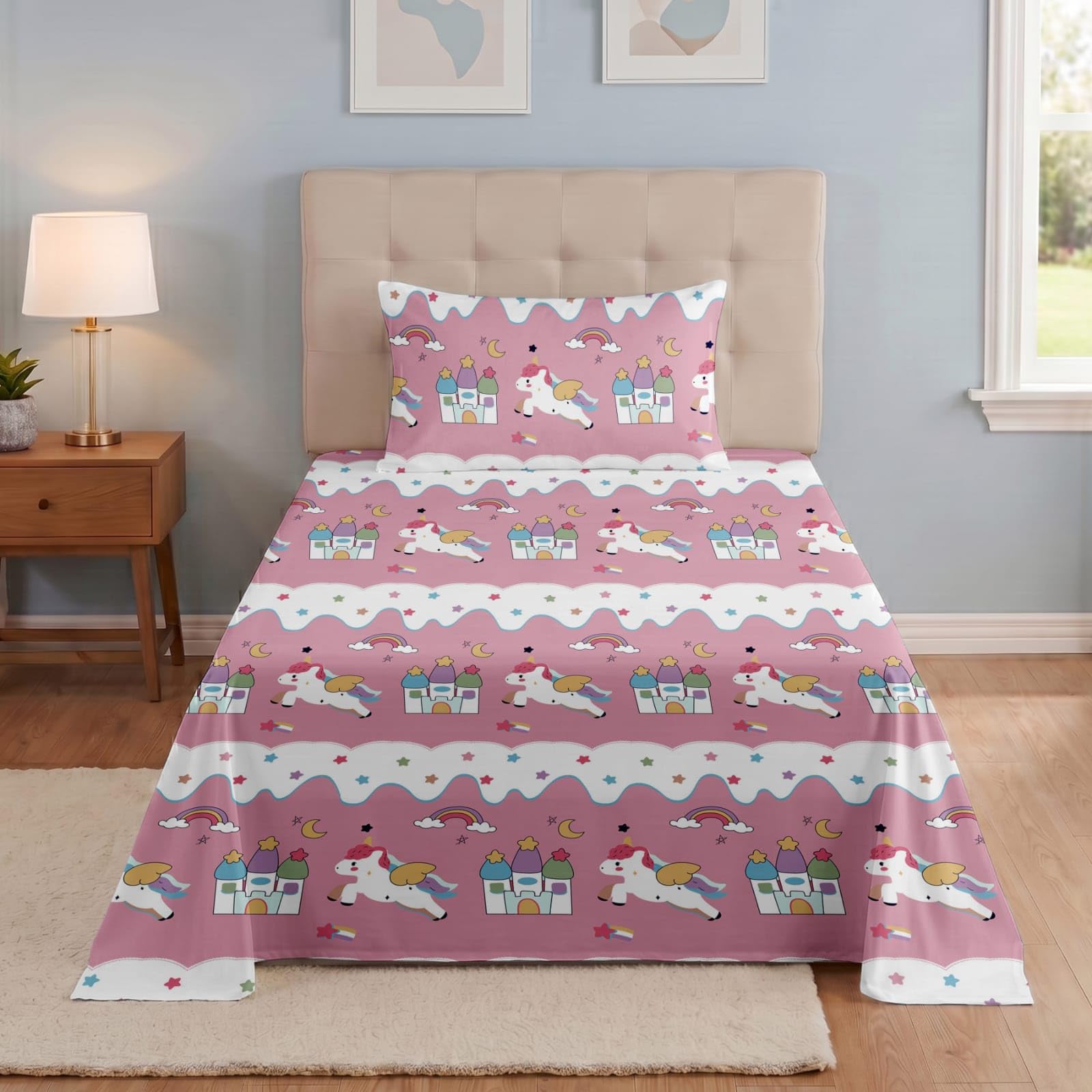 TURIYA 144 TC Set of 1 Pc Cartoon Printed Single Microfiber Bedsheet with 1 Pc Pillow Cover; 60x90 inches; Unicorn-image-34