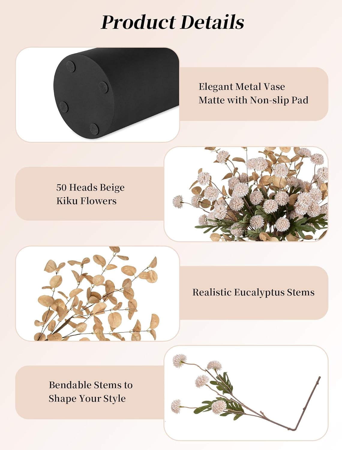 BLOSMON Dining Table Centerpiece Decor: Metal Vase with 12 Stems of Fake Mums Kiku Flower Eucalyptuses for Home - Beige Artificial Pom Poms Faux Floral Arrangements in Vase for Living Room - Image 7