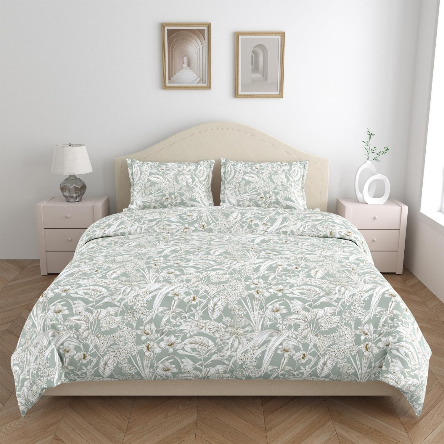 Haus & Kinder 144 TC Double Bed Pure Cotton Bedsheets for Queen Size Bed with 2 Pillow Covers-Emerald Jungle Bedsheet