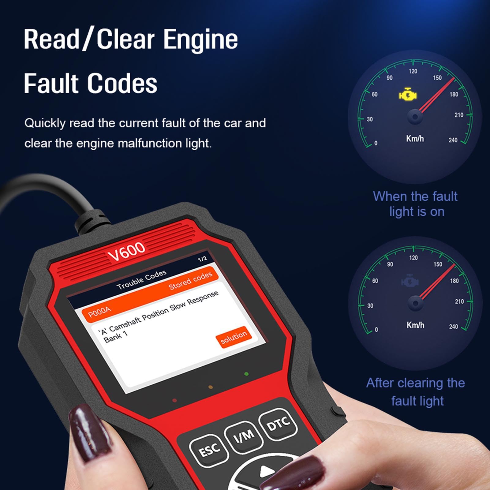 Luocute V600 Auto-OBD-Scanner, 2,8-Zoll-TFT-Farbbildschirm mit One-Click-IM-Bereitschaftstaste und Mehrsprachiger Schnittstelle, für Motorkontrollleuchte