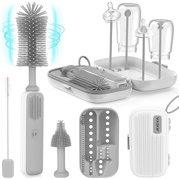 Yasew Electric Bottle Brush Cleaner, Baby Bottle Brush Travel Set, 360 Efficient Cleaning, 2000 mAh Battery, Travel Bottle Brush Set with Drainage Rack and Storage Box, Baby Travel Essential Grey
