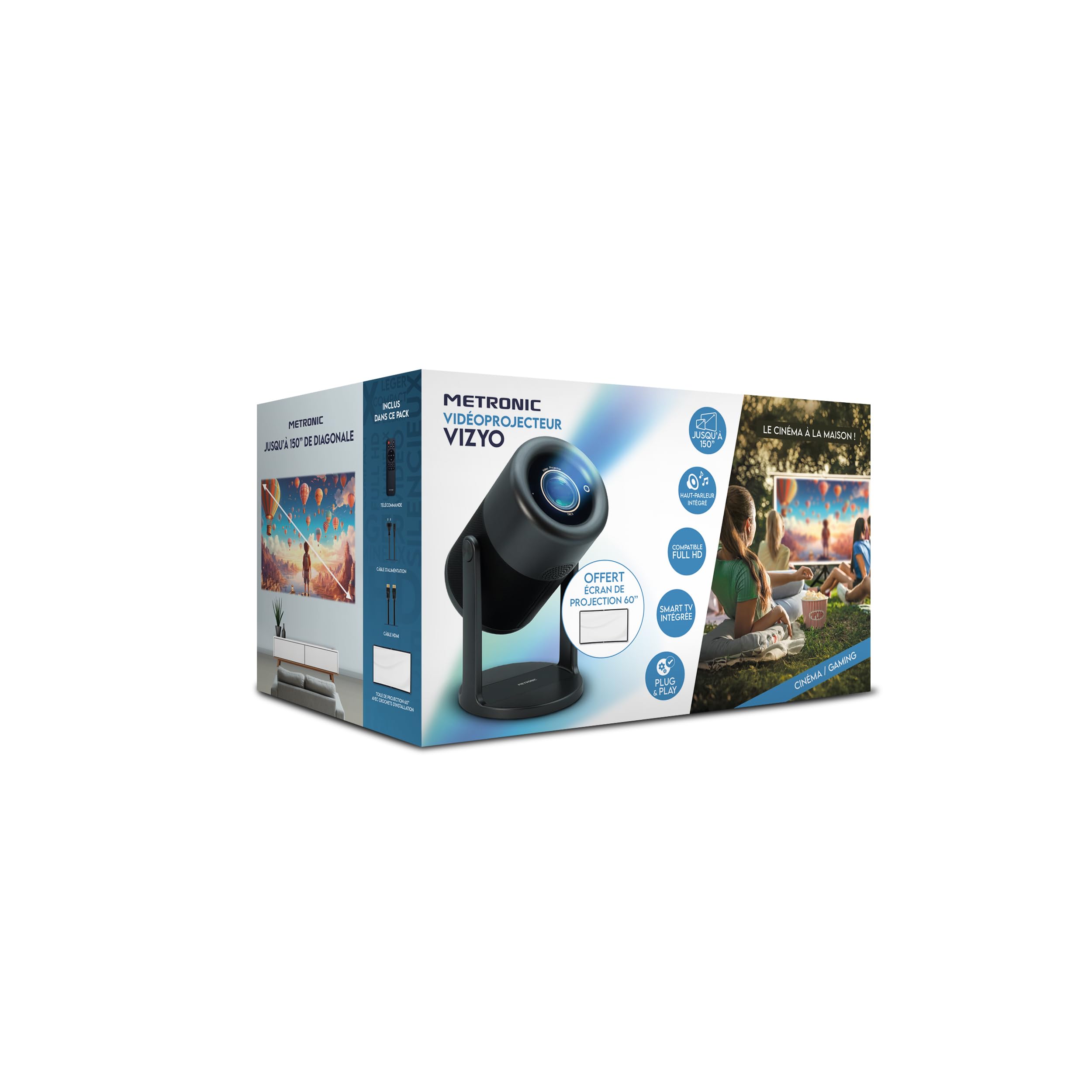 Metronic 475350 – Proyector Portátil WiFi Bluetooth | 3000 LM | Full HD Compatible | Pantalla hasta 150" | Corrección Trapezoidal Automática | Altavoz | Incluye Pantalla 60" y Mando | Negro