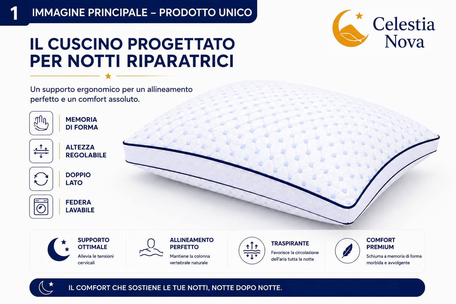 Celestia Nova Cuscino Cervicale Memory Foam 60x50 cm, Cuscino Ergonomico Regolabile per Collo e Cervicale, Doppia Faccia Rinfrescante, Federa Lavabile, Altezza Regolabile