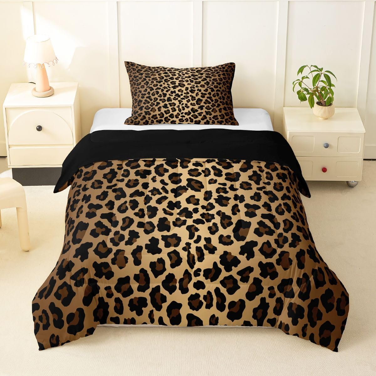 Erosebridal Leopard Print Cheetah Ombre Black Brown Toddler Comforter Set | Animal Skin Bedding Set Wild Fur Pattern Comforter Simulated Warm Soft Duvet Quilt