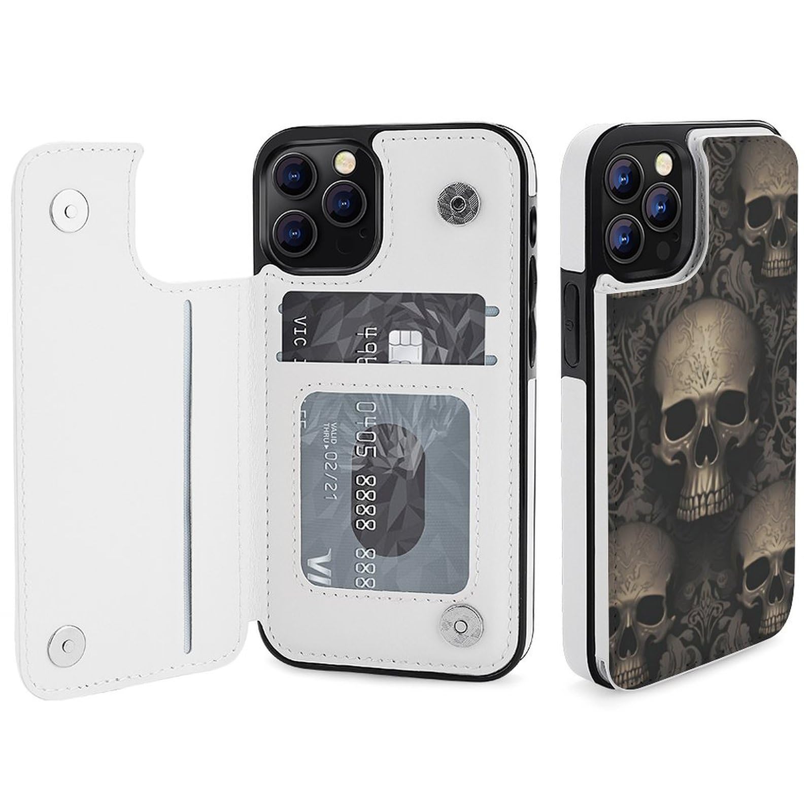 Funda tipo cartera para iPhone 12 Pro, papel pintado gótico, estampado de calaveras, funda de piel con ranuras para tarjetas