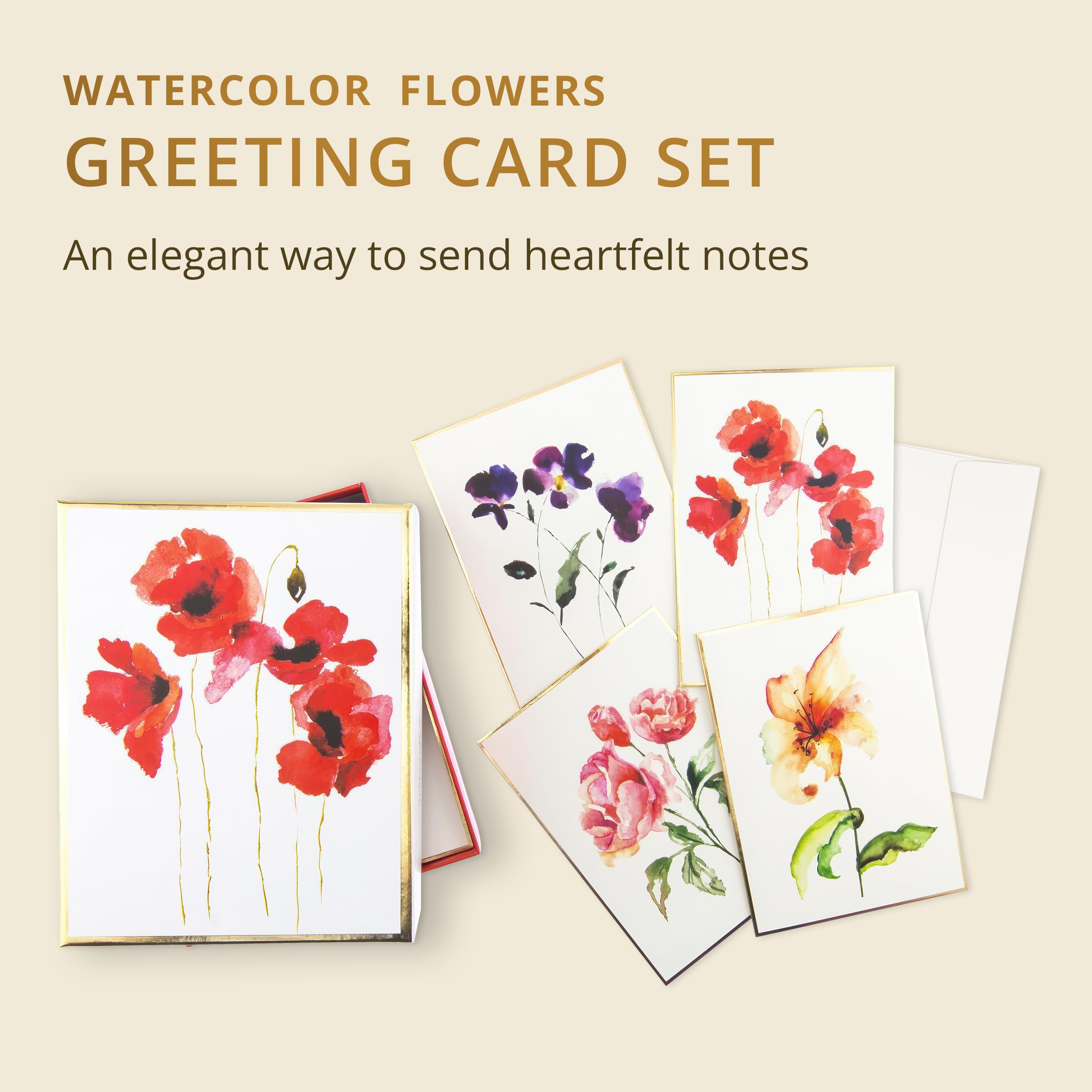 Graphique Grußkarten mit Aquarellblumen, 20 Stück, blanko Notizkarten mit Umschlägen, 4 verschiedene Blumen-Designs mit Goldfolien-Rändern, Box für personalisierte Notizen, 10,8 x 15,2 cm