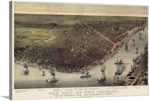 CANVAS ON DEMAND Vintage Birds Eye View Map of the City of New Orleans Canvas Wall Art Print by Currier and Ives, Home Decor, Street Scene, Nature Artwork, 24" x16in