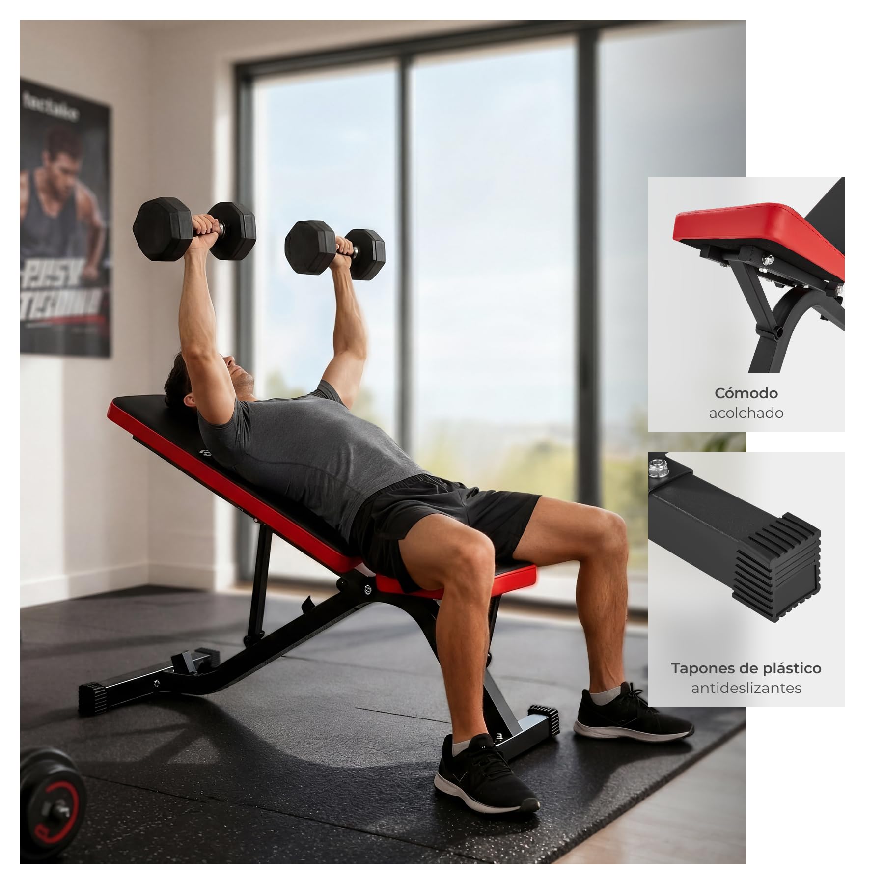 tectake® Banco Musculación Plegable Acolchado Cuero Sintético Resistente con Respaldo Ajustable, Banco de Pesas, Gimnasio en Casa, Gym en Casa, Ejercicio, Fitness, Rack Musculación - Negro/Rojo