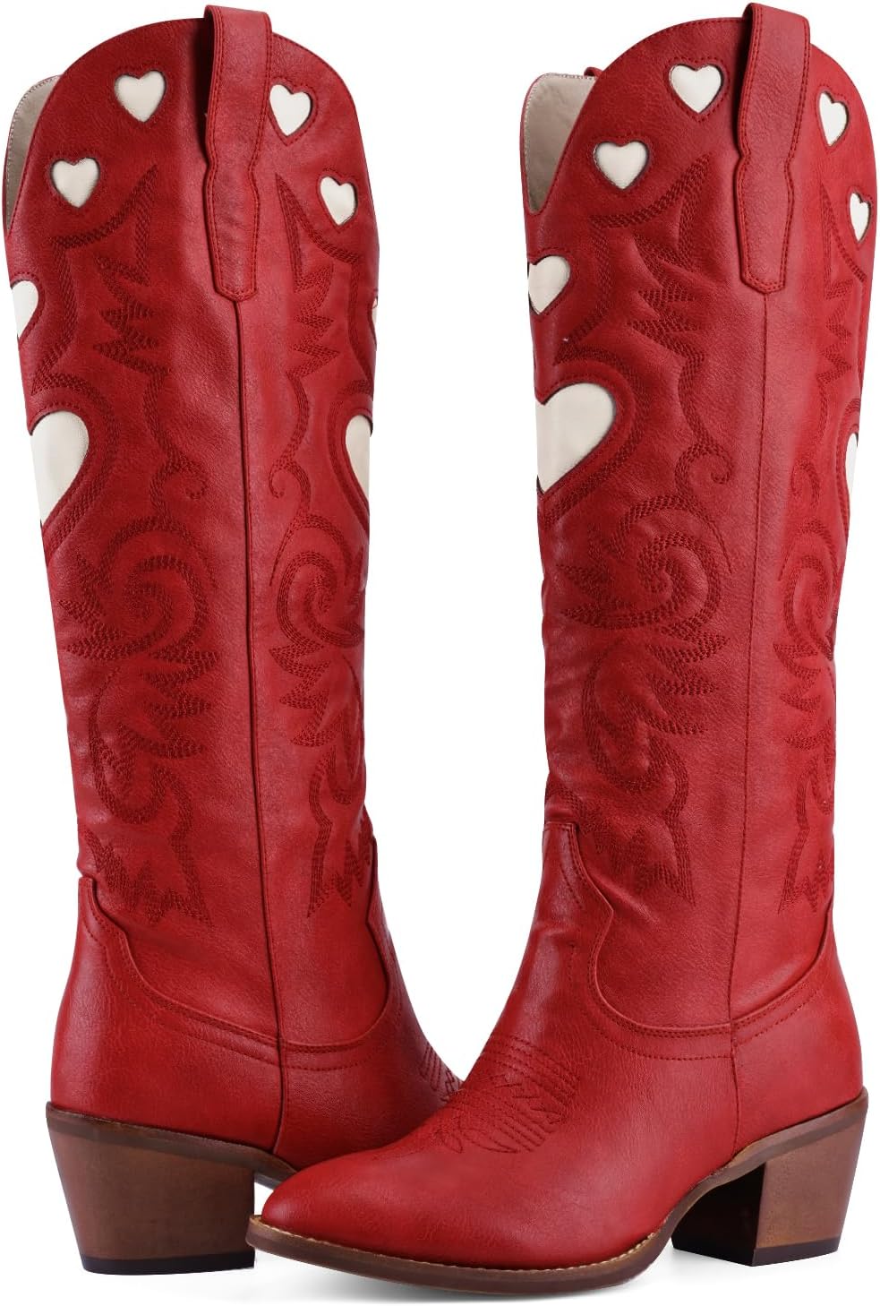 Cowboy Boots for Women Wide Calf Round Toe Chunky Stacked Heel Knee High Cowgirl Boot Heart Pattern Classic Embroidered Tall Western Booties Pull on - Image 7