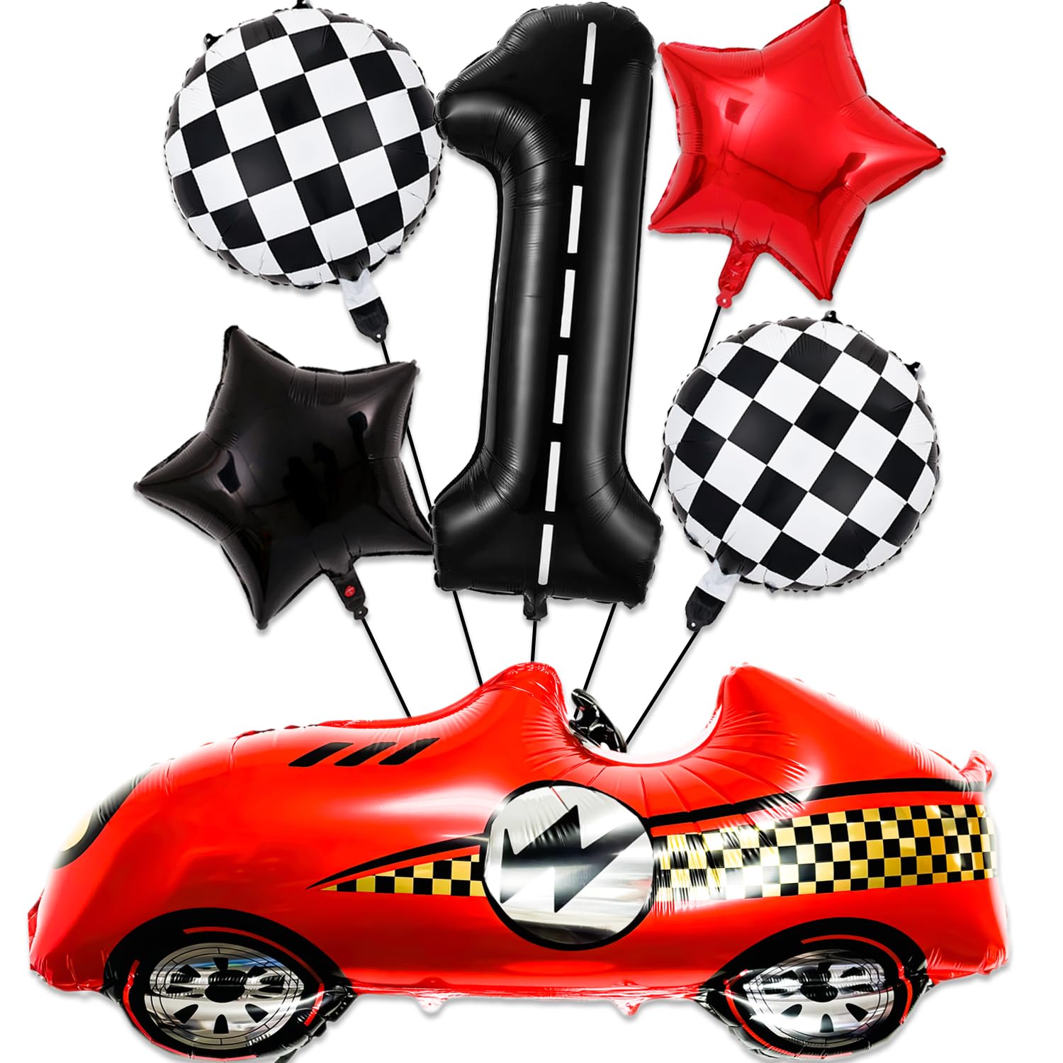 Racecar Birthday Decorations 1 Year Old, Large Red Race Car Balloons 40 Inch Racetrack Black Number 1 Balloon Checkered Balloon for Race Cars Birthday