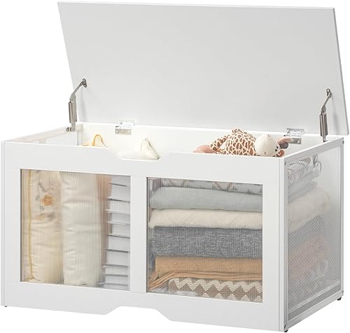 HOOBRO Cofre de almacenamiento, banco de almacenamiento de 39.4 pulgadas, banco de zapatos moderno, baúl de juguetes con tirador recortado en forma