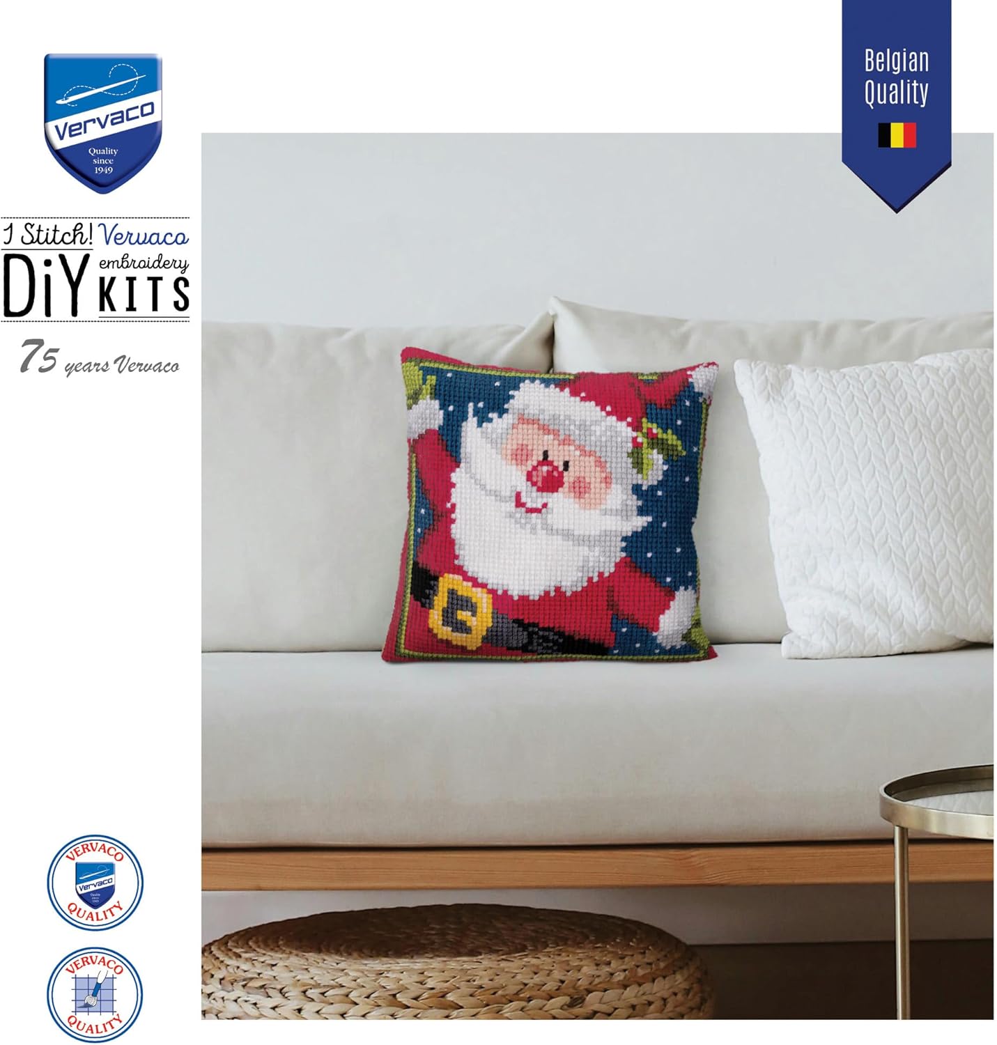 Vervaco Cross Stitch Christmas Pillow Kit TA-DAA Santa DIY Home Decor Stamped Embroidery Chunky Cross Stitch Cushion Craft Supplies ca. 16" x 16" Needlepoint Kits for Adults Creative Gift