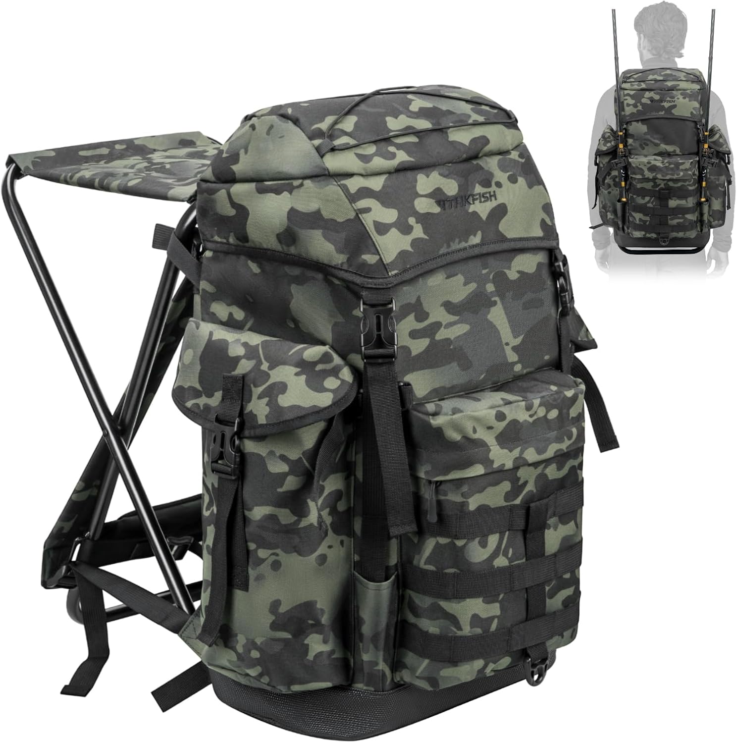 THKFISH Fishing Hunting Backpack Chair with Rod Holder, 35L Large Capacity Storage Tackle Box Foldable Backpack Stool for Adults Fishings, Camping and Hunting