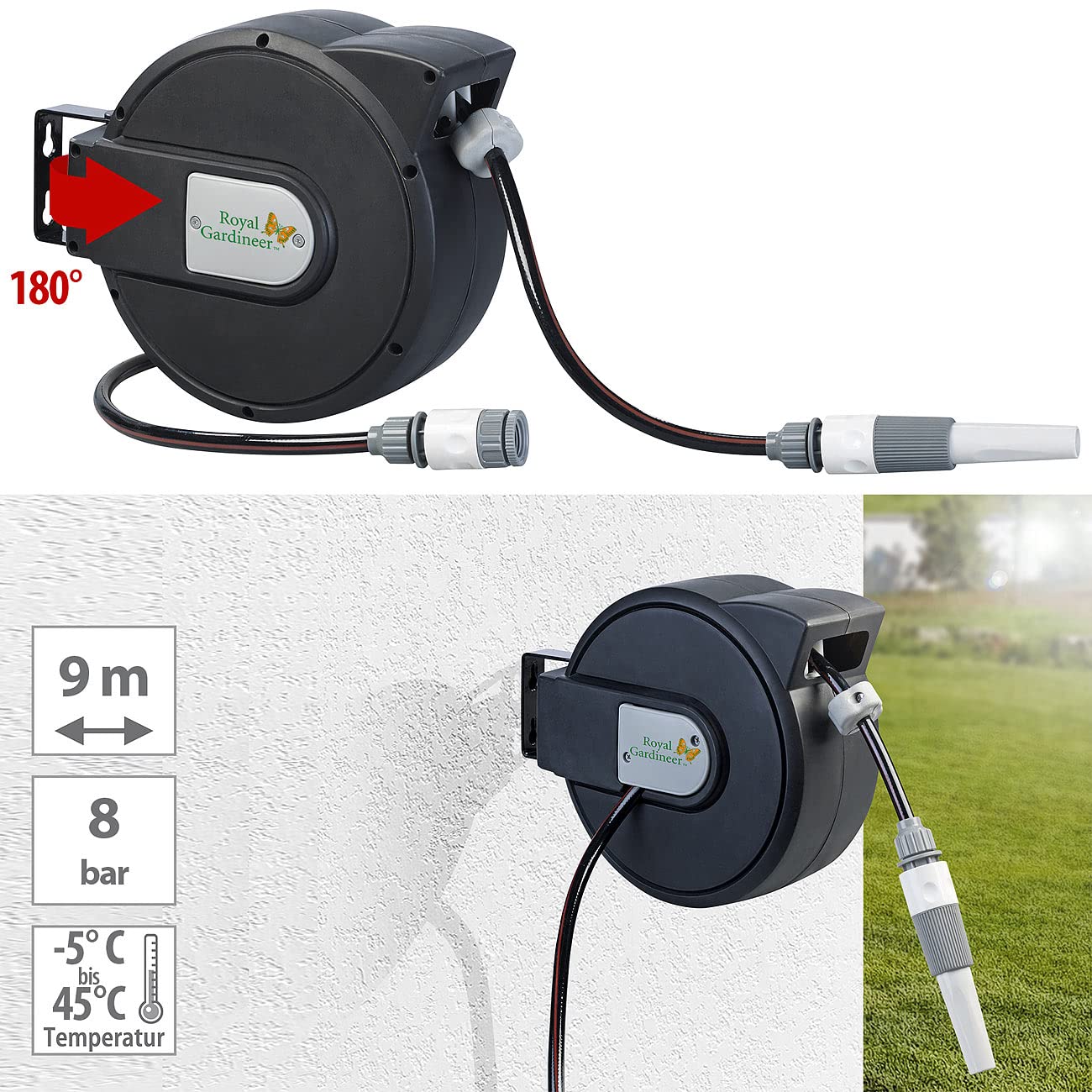 Royal Gardineer Schlauchtrommel: Gartenschlauch mit Wand-Box zum automatischen Aufrollen, 9 m (Schlauchbox, Gartenschlauchbox, Automat)