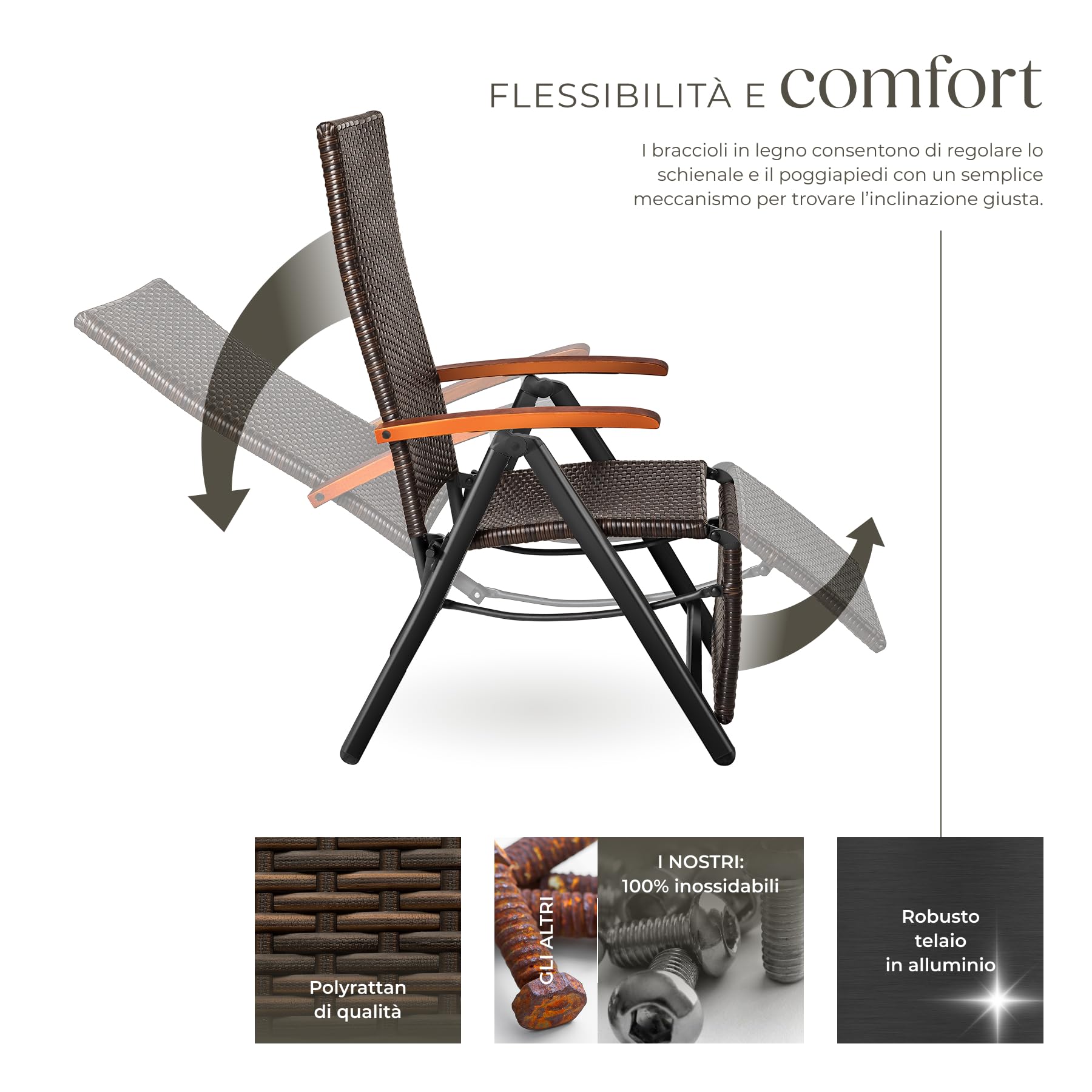 tectake® Poltrona Relax da Giardino Pieghevole, Resina Intrecciata e Alluminio, Regolabile con Poggiapiedi, Poltrona da Giardino, Sedia Relax da Giardino, Sedie da Esterno - Marrone