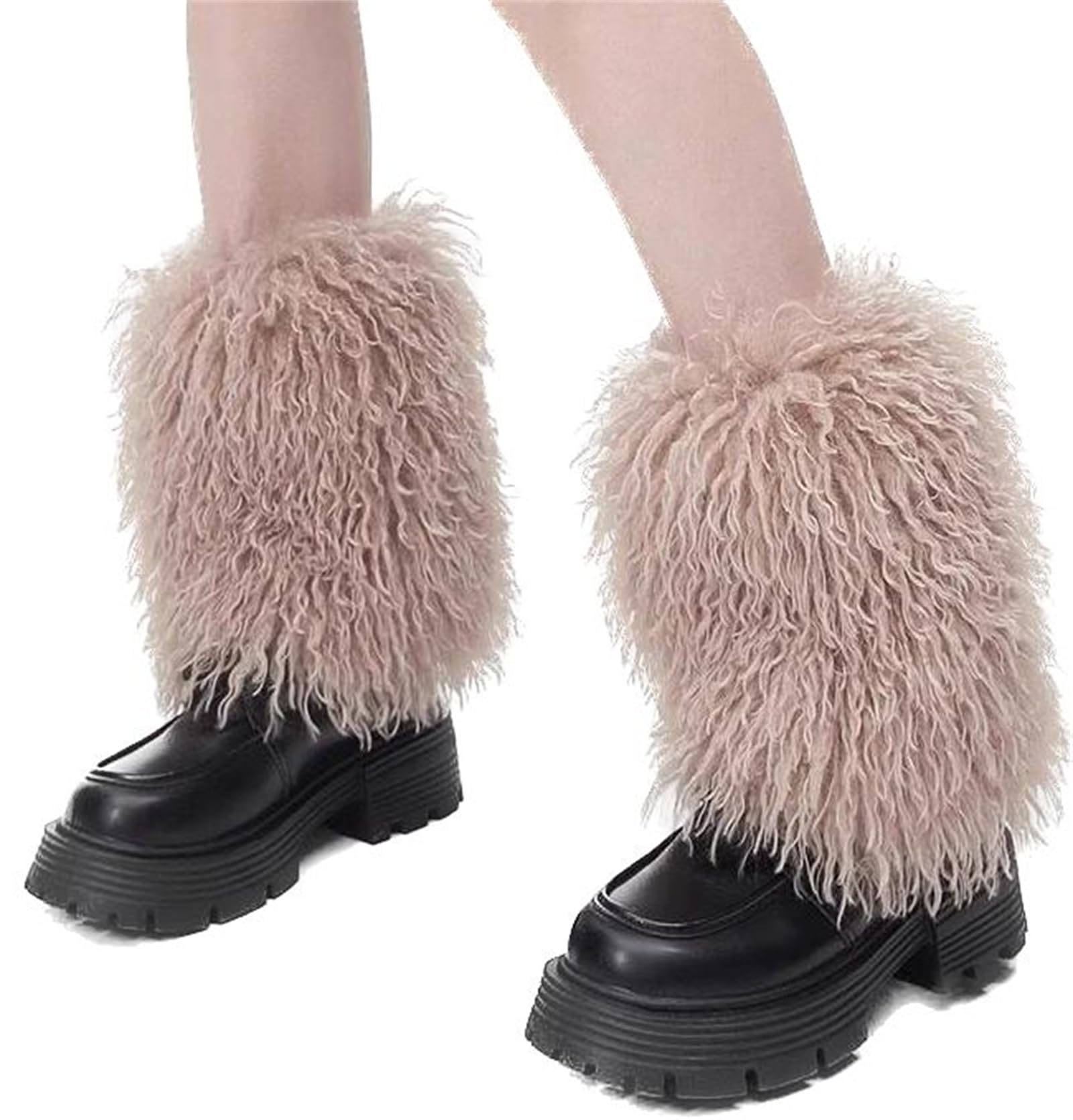 Womens Autumn Winter Real Mongolian Sheep Fur Short Leg Warmers Mid-Calf Fluffy Leg Covers For Boots