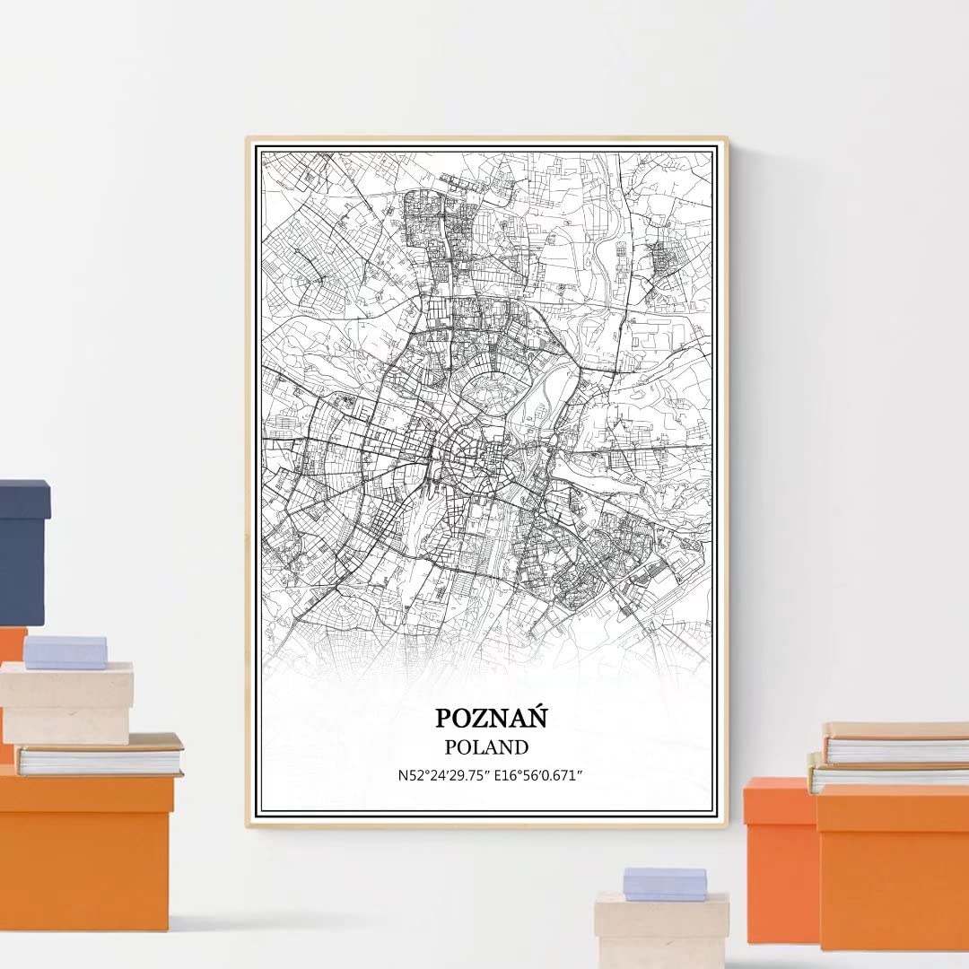 TANOKCRS Mapa Poznania Polska Karta na Ścianę Obraz na Płótnie Druk Plakat Dzieło Sztuki Bez Ramki Nowoczesna Czarno-Biała Mapa Pamiątka Prezent Dekoracja Domu 61x92 cm