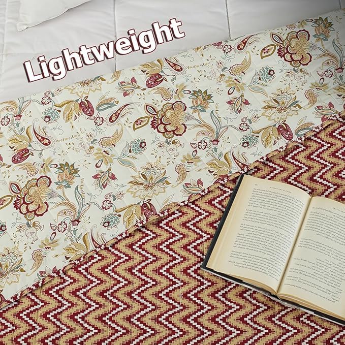 Image of SANMARINO Jaipuri Razai Single Bed Reversible Cotton Quilt | Traditional Ethnic Floral Print Dohar | Lightweight AC Comforter with Pure Cotton Filling | All-Season Blanket (Deep Maroon)
