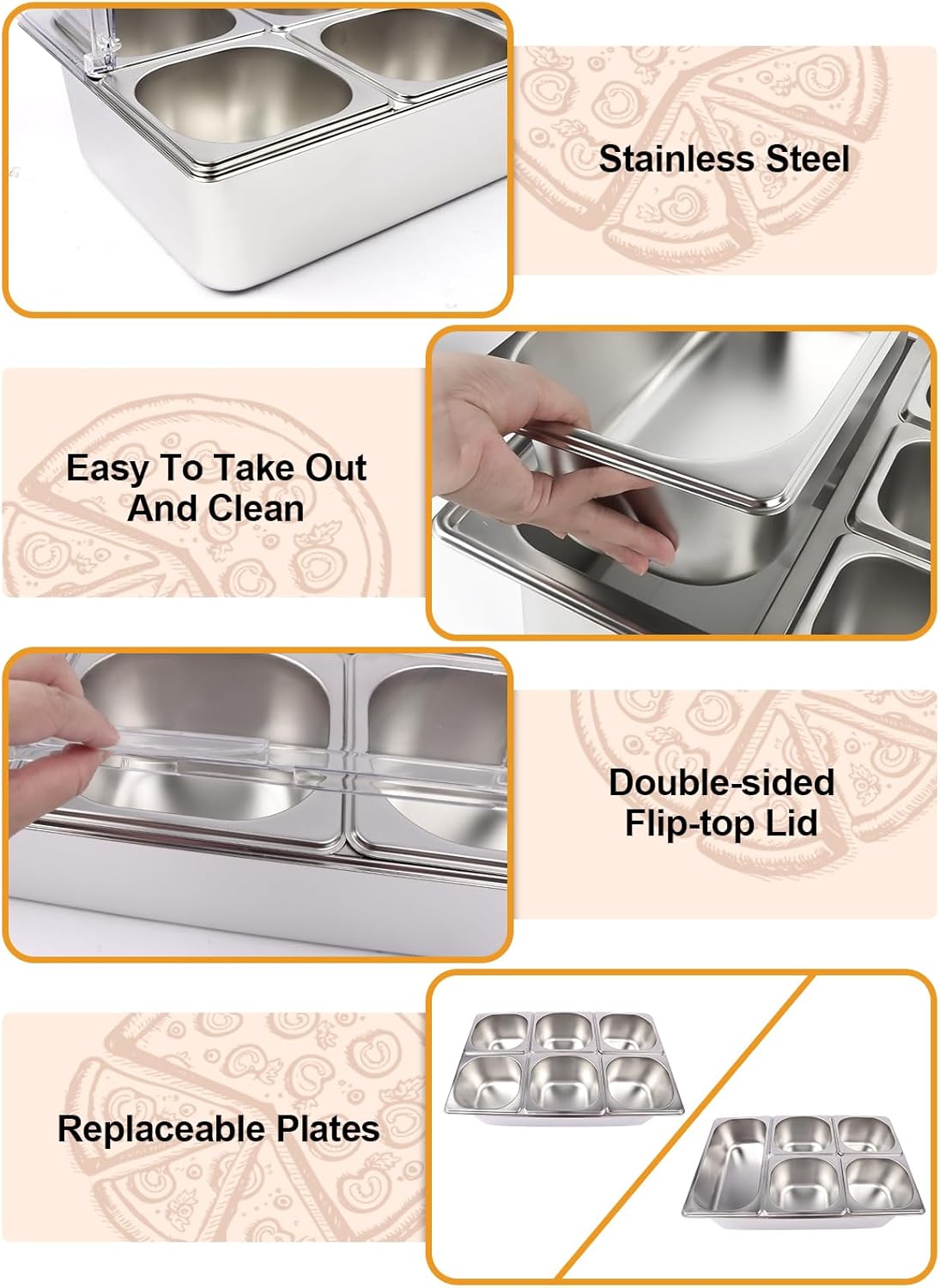 Lanstics 2P Pizza Topping Station 7 Pans Stainless Steel Spice Organizer Salad Bar Buffet Station with Spoons Ice Boxes Buffet Containers Set for Sauce Jam Ingredient Kitchen Restaurant Pantry