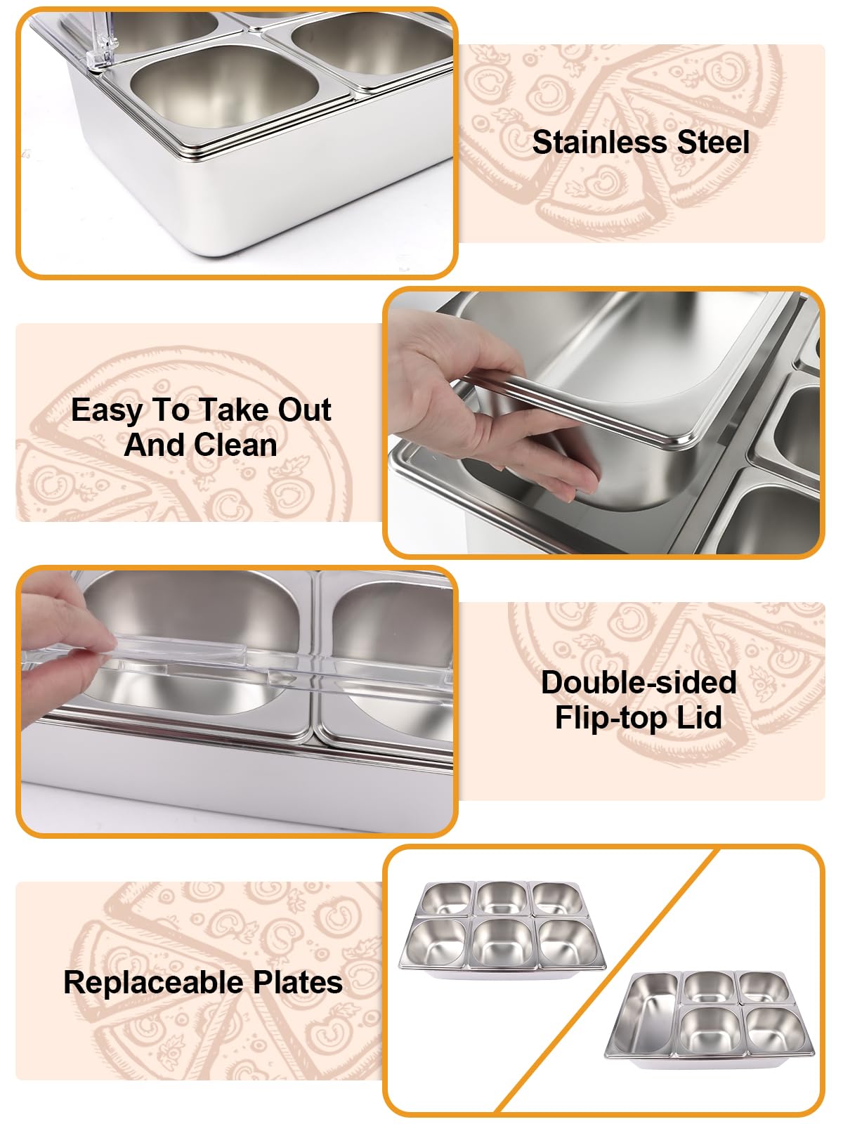 Kalolary 2 Stücke Edelstahl Zutatenbehälter, 7 Pfannen Gewürz Organizer Set aus Edelstahl für Salatbar Buffet mit Löffeln Kühlboxen und Buffetbehältern für Soßen Marmeladen Zutaten Küche Restaurant