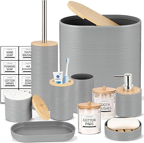 Miniatura 22 de IMAVO Juego de accesorios de baño - Juego de 11 piezas de accesorios de baño beige con cubo de basura, dispensador de jabón, jabonera, soporte para