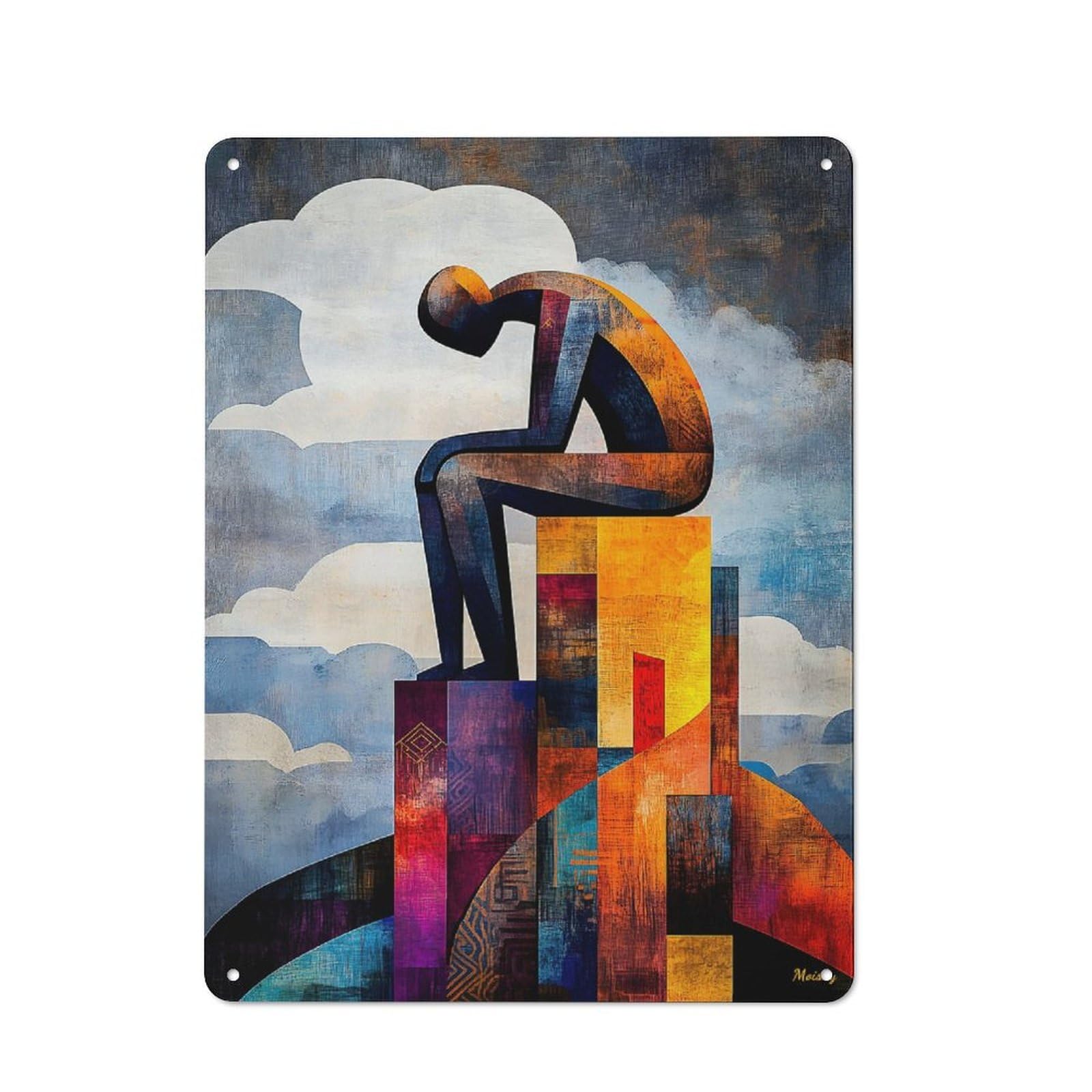 Junmoney Modern Cubist Vision Of The Thinker 40X30cm Rustic Metal Sign With For Guest Room Or Hallway, For Vintage Wall Decor Fans, For Metal Sign Collectors