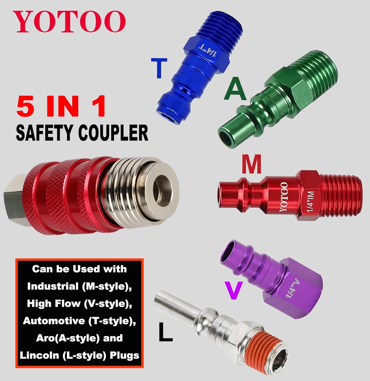 YOTOO Professional 5 In 1 Universal Quick Connect Coupler, Safety Exhaust Coupler, 1/4" Female NPT Nikel Plated Steel Body for Air Hose Connection, Air Tools and Air Compressor Attachment, Red