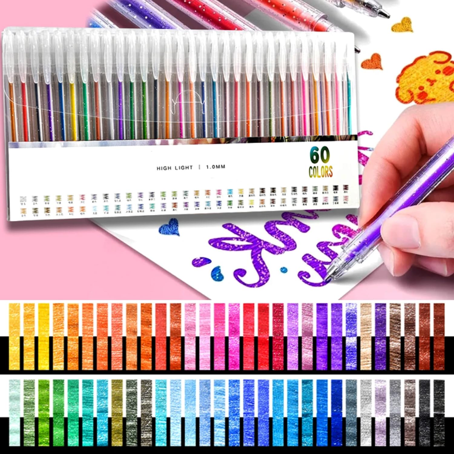 Juego de 60 bolígrafos de gel con purpurina, bolígrafos de escritura para colorear para niños y adultos, bolígrafos brillantes para colorear, libros, tarjetas, diario, dibujo y pintura