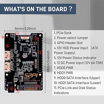 GeeekPi S021 SATA 3.0x2 for Raspberry Pi 5, with Active Cooler and 12V 6A Power Supply