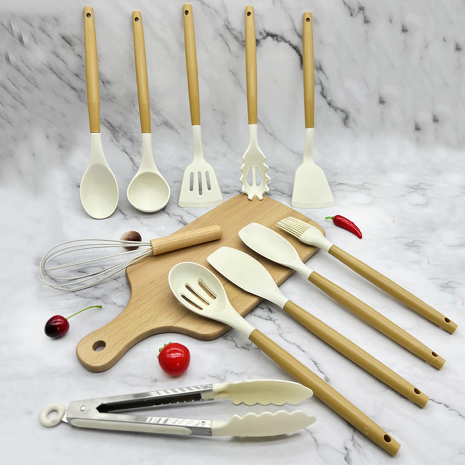 Set di 12 Utensili Cucina In Silicone,Utensili Cucina Silicone con Porta Utensili,Set Utensili Cucina Silicone Antiaderente con Manico In Legno, Pentole,Attrezzi Cucina,Utensili da Cucina In Silicone