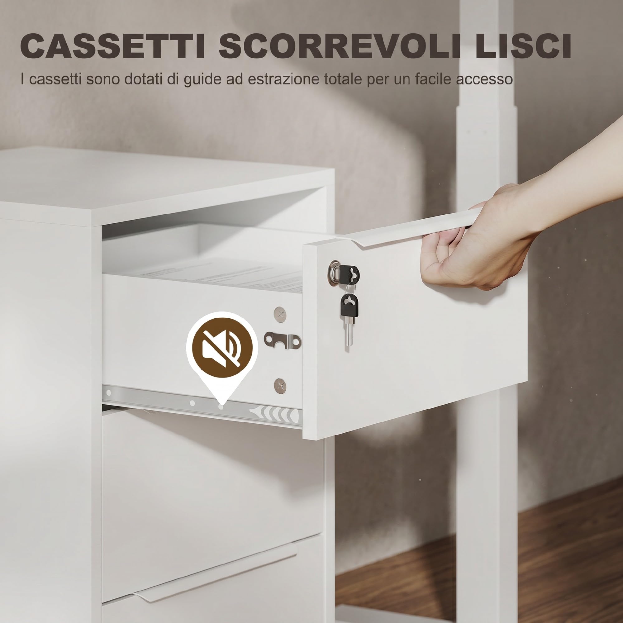 HOMCOM Schedario da Ufficio con 3 Cassetti 40x40x63.5 cm Bianco e Grigio | 4 Ruote, Cassettiera Ufficio, Serratura con 2 Chiavi, Documenti Lettera/A4, Armadietto Verticale da Studio