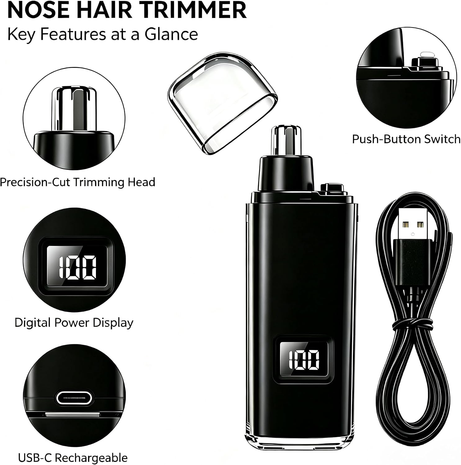 Nose Hair Trimmer for Men & Women, USB Rechargeable (Black)