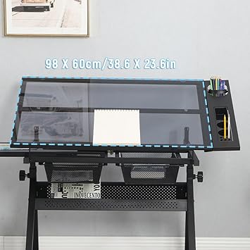 Adjustable & Tiltable Draft Drawing Table with Stool Art Craft Draft Station with Storage & Side Tray Glass Topped for Reading, Writing, Crafting, Painting Art
