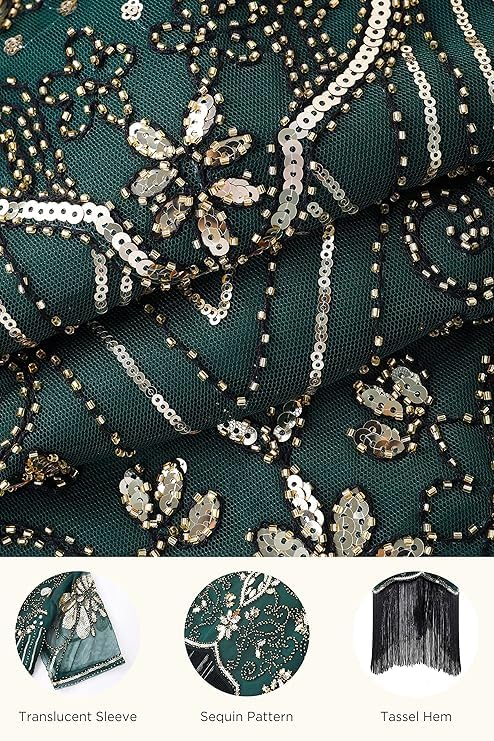 Image of 868A - Plus Size 1920s Vintage Fringed Gatsby Sequin Cold Shoulder Tassels Flapper Party Cocktail Dress with Accessories