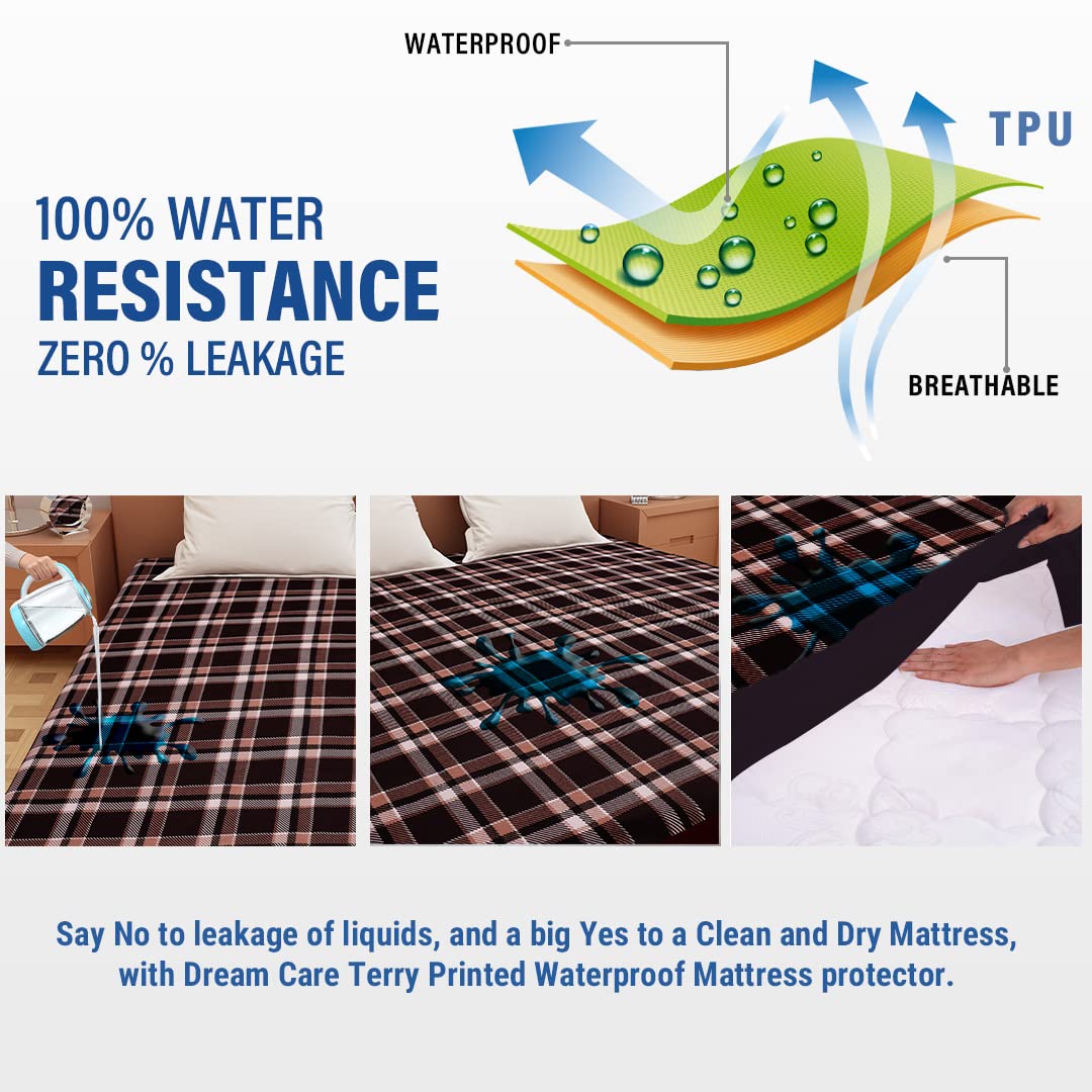 Dream Care Waterproof Fitted Terry Cloth Printed Mattress Protector for King Size Bed with Elastic Strap - 78"X48", Brown 3