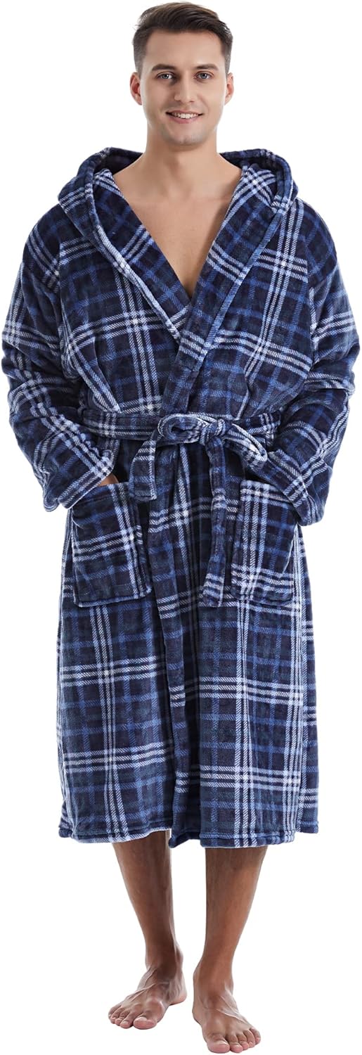 Yoimira Mens Robe with Hood Cozy Fluffy Robe for Men Luxury Hooded Plush Fleece Bathrobe for Winter