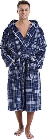 Mens Robe with Hood, Cozy Fluffy Robe for Men Luxury Plush Fleece Plaid ...