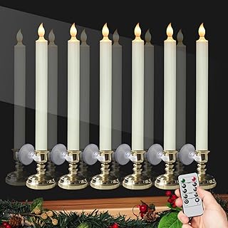 DRomance Flameless Window Candles with Remote and Timer, Battery Operated LED Taper Candles with Suction Cups Set of 6 Christmas Window Candle Holiday Decor(Gold Holders)