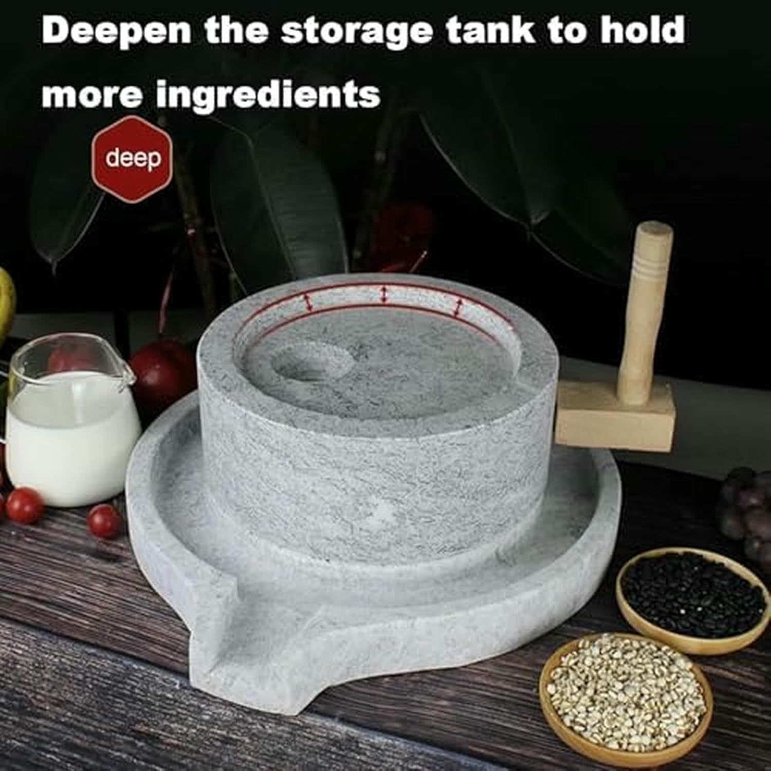 Hand Crank Stone Grain Mill for Dry/Wet Grinding, Natural Granite Food Mill for Tofu, Soymilk, Sesame, and Beans, Includes Stand,25cmx35cm